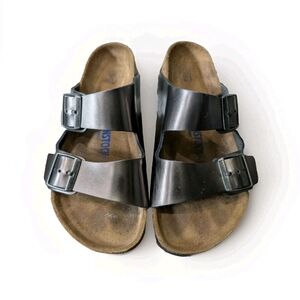 Birkenstock Metallic Anthracite Leather Arizona Soft Footbed Sandals Size 38 Reg